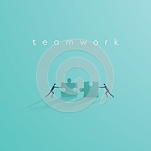 Businessman pushing jigsaw puzzle to complete it. Business teamwork concept vector symbol. Idea of cooperation and photo