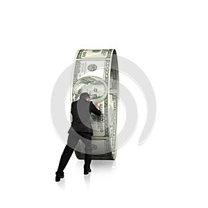Businessman pushing money circle in white background