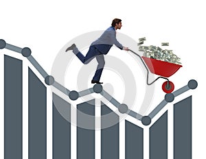 Businessman pushing money wheelbarrow down the chart