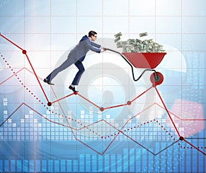 Businessman pushing money wheelbarrow down the chart