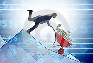 Businessman pushing money wheelbarrow down the chart