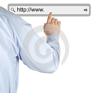 Businessman pushing virtual search bar