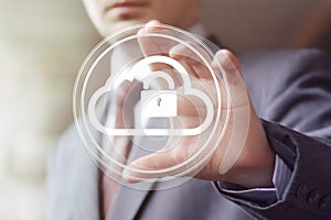 Businessman pushing web button cloud lock web