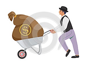 Businessman pushing wheelbarrow with money bag, flat vector illustration. A man of fortune, rich banker.