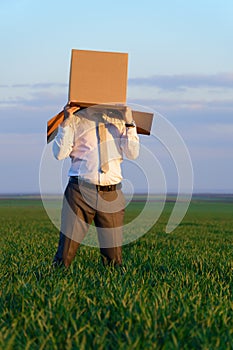 Businessman puts his head in a cardboard box and poses on a green grass field - business concept
