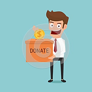 Businessman putting coin in the donation box. Donation concept.