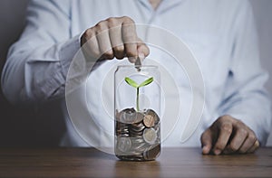 Businessman putting coin to saving money jar which it have tree growth inside, money save for investment and profit increasing