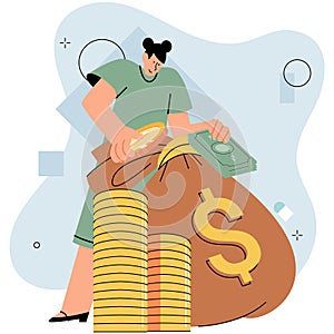 Businessman putting coins in money bag. Coin stack step growing growth. Saving dollar cash concept