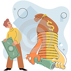 Businessman putting coins in money bag. Coin stack step growing growth. Saving dollar cash concept