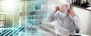 Businessman putting on medical face mask and working on laptop from home  multiple exposure