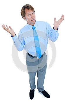 Businessman, questions or hands up in studio portrait for confused or shrug for frustrated in corporate career