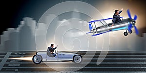 The businessman racing on car and airplane