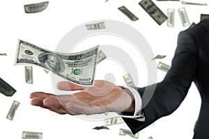 Businessman with rainy banknotes isolated over white background. Concept of success, career and big income