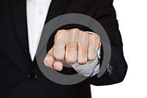 Businessman raised up hand forward, for bump fist with co-worker, isolated on white background