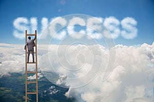 The businessman reaching success with career ladder
