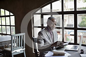 Businessman Reading Book Ideas Workplace Concept