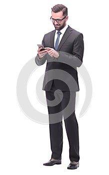 businessman reading e-mail on his smartphone . isolated on white