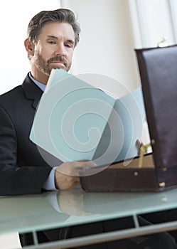 Businessman Reading Notes In File At Desk