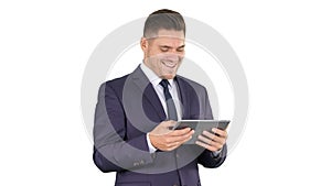 Businessman Reading or Working on a digital tablet on white background.