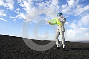 Businessman Reads Map on Flexible Display Tablet