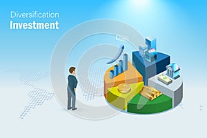 Businessman rebalancing diversification investment on 3D pie graph. Financial allocation investment strategy and risk management