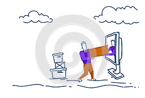Businessman receives goods from e-shop online shopping concept man colored silhouette full length horizontal sketch