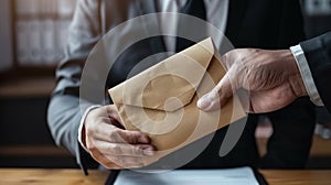 Businessman receiving a confidential envelope in an office