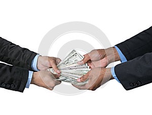 Businessman recieving the money offered by businessman on white