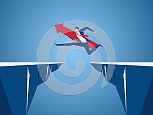 Businessman with red arrow sign jump through the gap between hill. Running and jump over cliffs. Business risk and success concept