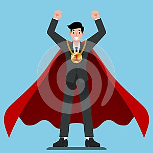 Businessman in red cape get number one gold medal.