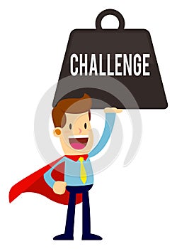 Businessman With Red Cape Smiling While Lifting Challenge Weight