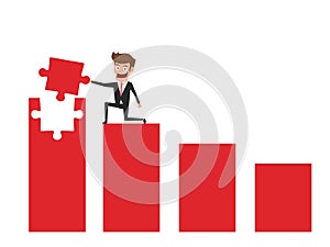 Businessman on red graph holding puzzle piece raising the graph. Solving finances concept