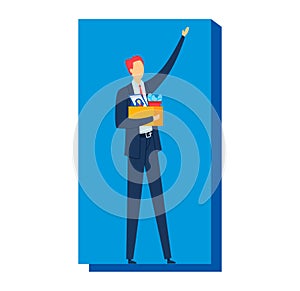 Businessman with red hair holding box of belongings, waving goodbye, job termination concept. Layoff and unemployment