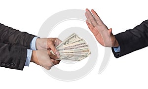 Businessman refusing the money offered by businessman on white b