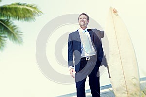 Businessman Relaxation Surfing Summer Beach Concept