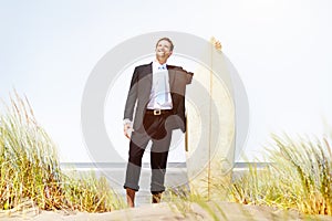 Businessman Relaxation Surfing Summer Beach Concept