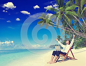 Businessman Relaxation Vacation Working Outdoors Beach Concept