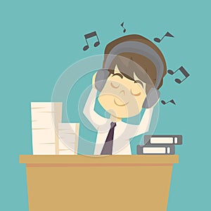 Businessman relaxing on table and listening to his headphones.cartoon of business,employee success is the concept of the man