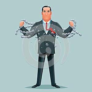 Businessman release breaking chains liberation heroic strength cartoon character design business concept vector