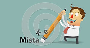 Businessman removing mistake with his eraser in flat design. Cartoon character.