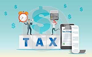 Businessman report online tax filing on smart phone with printed document receipt