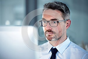 Businessman, research and computer for office, working and corporate email for connection. Lawyer, law firm and