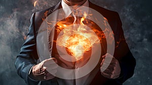 Businessman revealing fiery passion, power within. Conceptual image of motivation, success, determination. Ideal for