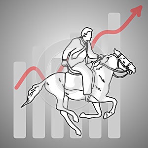 Businessman ride a horse woth red arrow graph up vector illustration doodle sketch hand drawn with black lines isolated on gray b