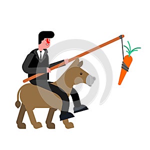 Businessman rides donkey and carrot. driving donkey. Goal achievement concept