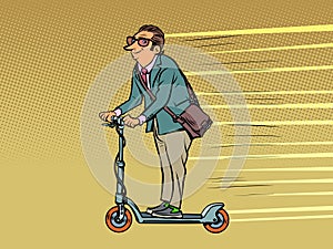 a businessman rides an electric scooter. alternative green ecological urban transport. The lifestyle of a modern man