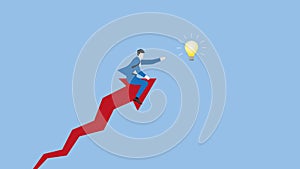 A businessman rides on a rising arrow rocket, reaching for a light bulb