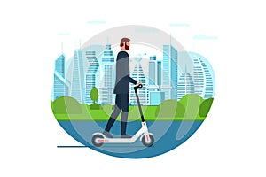 Businessman riding electric kick scooter. Activity lifestyle moving concept on big city street. Vector illustration