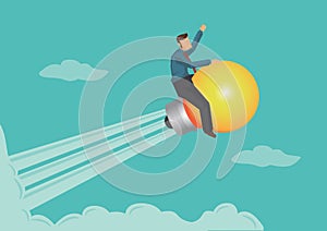 Businessman riding on the idea or light bulb flying in the sky