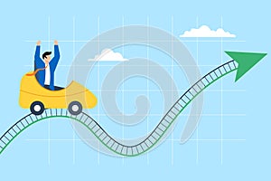 Businessman riding market roller coaster in flat design